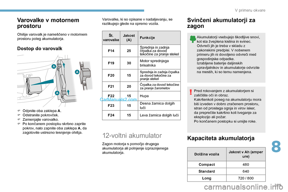 Peugeot Expert 2019 Priročnik za lastnika (in Slovenian) 219
Varovalke v motornem
prostoru
Ohišje varovalk je nameščeno v motornem prostoru poleg akumulatorja.
Dostop do varovalk
F Odpnite oba zaklepa A .
F Odstranite pokrovček.
F
Z
amenjajte var Peugeot Expert 2019 Priročnik za lastnika (in Slovenian) 219
Varovalke v motornem
prostoru
Ohišje varovalk je nameščeno v motornem prostoru poleg akumulatorja.
Dostop do varovalk
F Odpnite oba zaklepa A .
F Odstranite pokrovček.
F
Z
amenjajte var