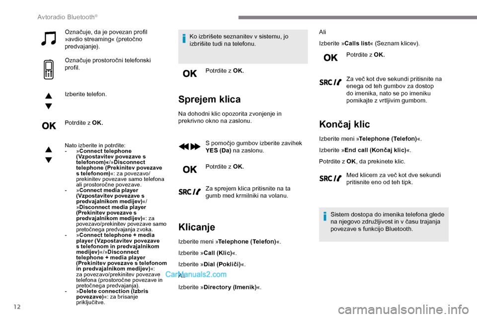 Peugeot Expert 2019  Priročnik za lastnika (in Slovenian) 12
Označuje,	da	je	povezan	profil	»avdio 	 streaming« 	 (pretočno 	
p

redvajanje).
Označuje
	pro

storočni
	t
 elefonski
	pro

fil.
Izberite telefon.
Potrdite z OK.
Nato izberite in potrdite:
-