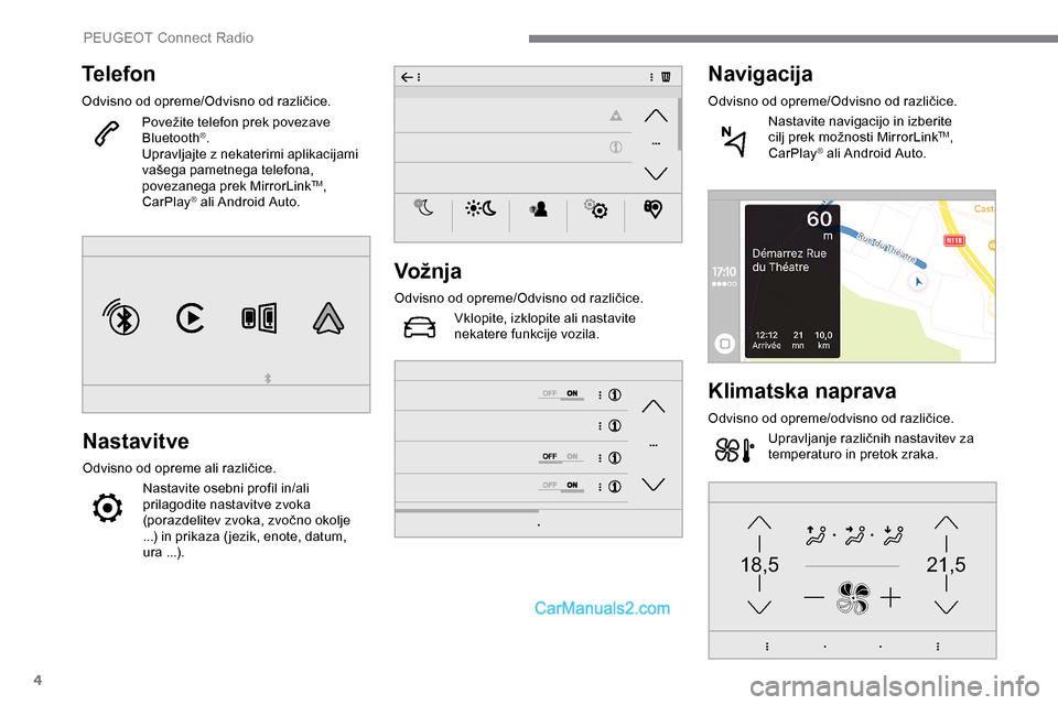 Peugeot Expert 2019  Priročnik za lastnika (in Slovenian) 4
21,518,5
Telefon
Odvisno	od	opreme/Odvisno	o d	r azličice.
Povežite 	 telefon 	 prek 	 povezave 	
Bl

uetooth
®.
Upravljajte z nekaterimi aplikacijami 
vašega
	
pametnega 	 telefona, 	
p

ovezan