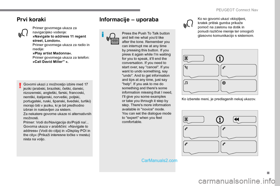 Peugeot Expert 2019  Priročnik za lastnika (in Slovenian) 5
Prvi koraki
Primer govornega ukaza za 
navigacijsko vodenje:
»Navigate to address 11 regent 
street, London«.
Primer govornega ukaza za radio in 
medije:
»Play artist Madonna«.
Primer govornega 