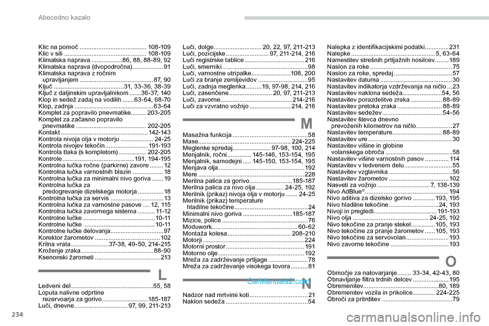 Peugeot Expert 2019 Priročnik za lastnika (in Slovenian) 234
Nalepka z identifikacijskimi podatki ..............231
Nalepke ................................................. 5,
63 - 64
Namestitev
strešnih prtljažnih nosilcev ........189
Naslon Peugeot Expert 2019 Priročnik za lastnika (in Slovenian) 234
Nalepka z identifikacijskimi podatki ..............231
Nalepke ................................................. 5,
63 - 64
Namestitev
strešnih prtljažnih nosilcev ........189
Naslon