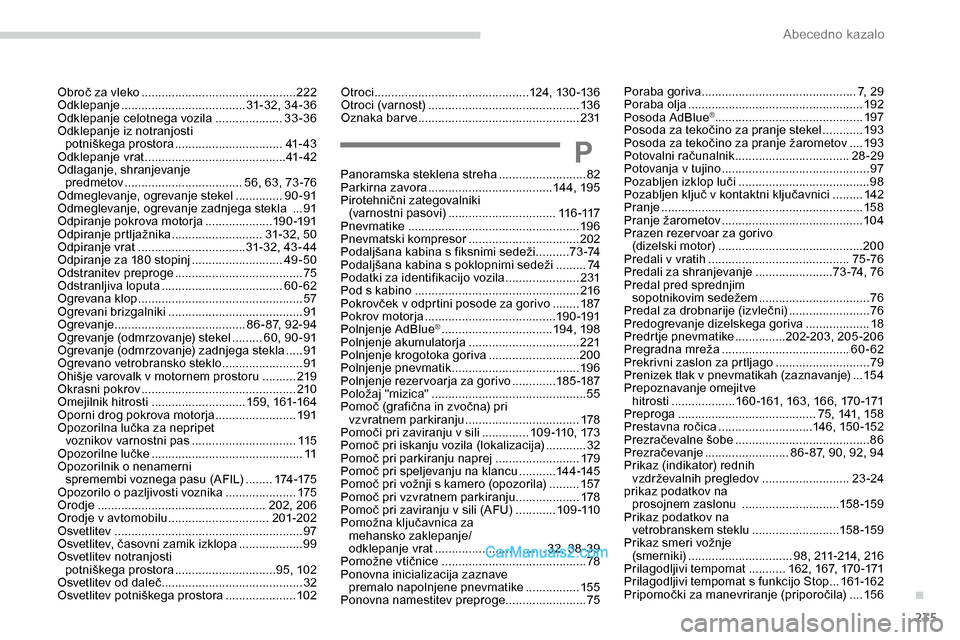 Peugeot Expert 2019 Priročnik za lastnika (in Slovenian) 235
Otroci .............................................. 124, 13 0 -13 6
Otroci (varnost) ............................... ..............13 6
Oznaka barve
....................................... Peugeot Expert 2019 Priročnik za lastnika (in Slovenian) 235
Otroci .............................................. 124, 13 0 -13 6
Otroci (varnost) ............................... ..............13 6
Oznaka barve
.......................................