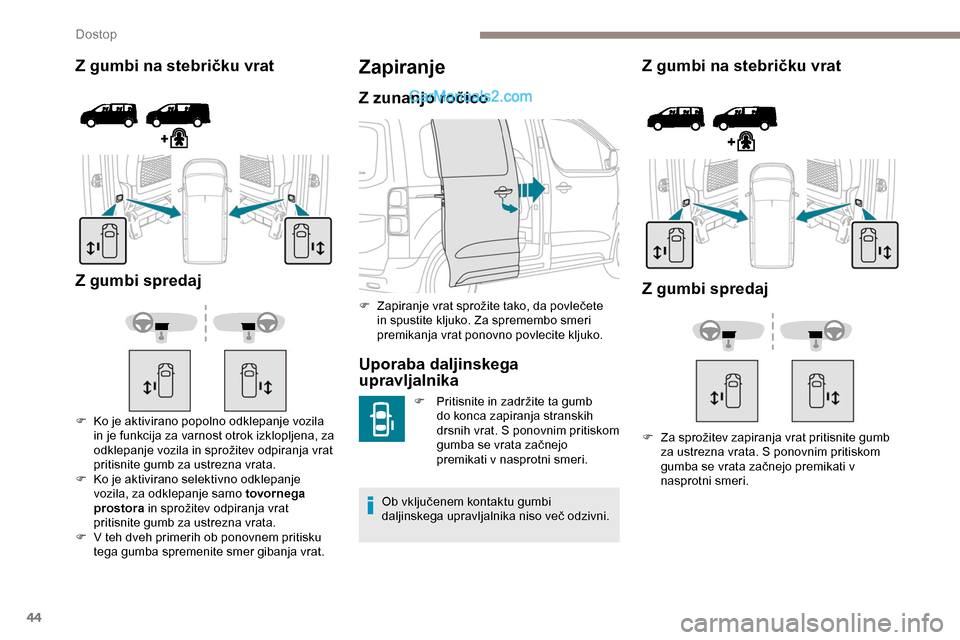 Peugeot Expert 2019  Priročnik za lastnika (in Slovenian) 44
Z gumbi na stebričku vrat
Z gumbi spredaj
F Ko je aktivirano popolno odklepanje vozila  in je funkcija za varnost otrok izklopljena, za 
odklepanje
	 vozila 	 in 	 sprožitev 	 odpiranja 	 vrat 	
