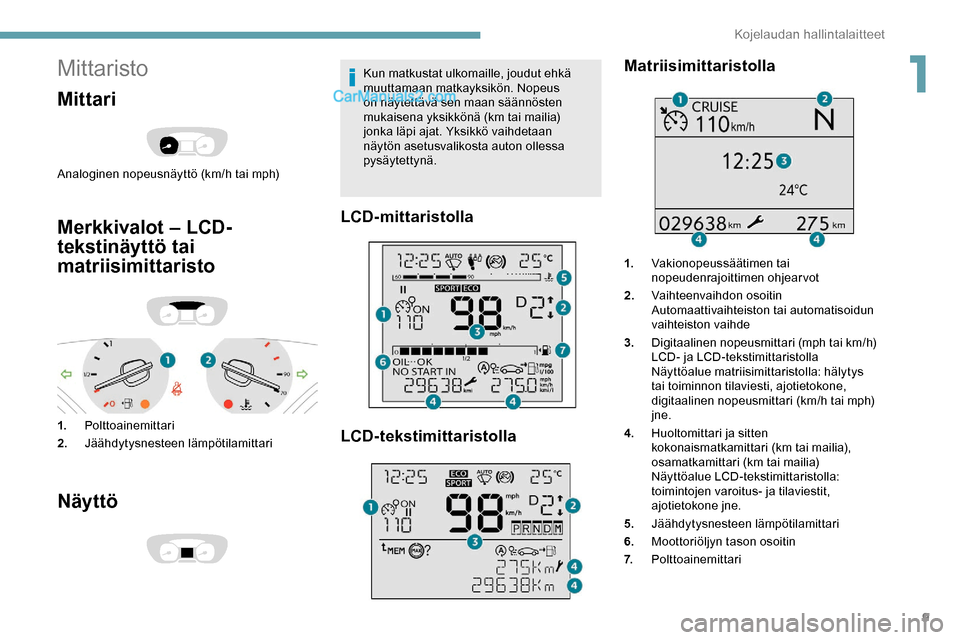 Peugeot Expert 2019  Omistajan käsikirja (in Finnish) 9
Mittaristo
Mittari
Analoginen nopeusnäyttö (km/h tai mph)
Merkkivalot – LCD-
tekstinäyttö tai 
matriisimittaristo
1.Polttoainemittari
2. Jäähdytysnesteen lämpötilamittari
Näyttö
Kun matk