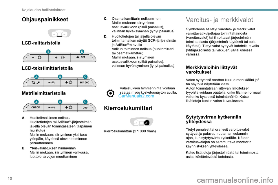Peugeot Expert 2019 Omistajan käsikirja (in Finnish) 10
Ohjauspainikkeet
LCD-mittaristolla
LCD-tekstimittaristolla
Matriisimittaristolla
C.Osamatkamittarin nollaaminen
Mallin mukaan: siirtyminen
asetusvalikkoon (pitkä painallus),
valinnan hyväksymin Peugeot Expert 2019 Omistajan käsikirja (in Finnish) 10
Ohjauspainikkeet
LCD-mittaristolla
LCD-tekstimittaristolla
Matriisimittaristolla
C.Osamatkamittarin nollaaminen
Mallin mukaan: siirtyminen
asetusvalikkoon (pitkä painallus),
valinnan hyväksymin