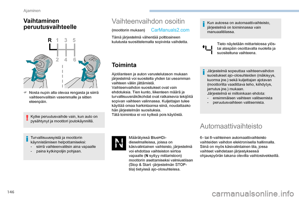 Peugeot Expert 2019 Omistajan käsikirja (in Finnish) 146
Vaihtaminen
peruutusvaihteelle
F Nosta nupin alla olevaa rengasta ja siirrä vaihteenvalitsin vasemmalle ja sitten
eteenpäin.
Kytke peruutusvaihde vain, kun auto on
pysähtynyt ja moottori jou Peugeot Expert 2019 Omistajan käsikirja (in Finnish) 146
Vaihtaminen
peruutusvaihteelle
F Nosta nupin alla olevaa rengasta ja siirrä vaihteenvalitsin vasemmalle ja sitten
eteenpäin.
Kytke peruutusvaihde vain, kun auto on
pysähtynyt ja moottori jou