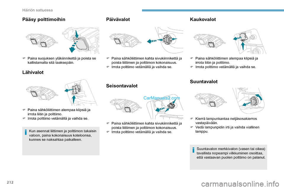 Peugeot Expert 2019  Omistajan käsikirja (in Finnish) 212
Pääsy polttimoihin
Lähivalot
Kun asennat liittimen ja polttimon takaisin 
valoon, paina kokonaisuus koteloonsa, 
kunnes se naksahtaa paikalleen.
Päivävalot
SeisontavalotKaukovalot
Suuntavalot