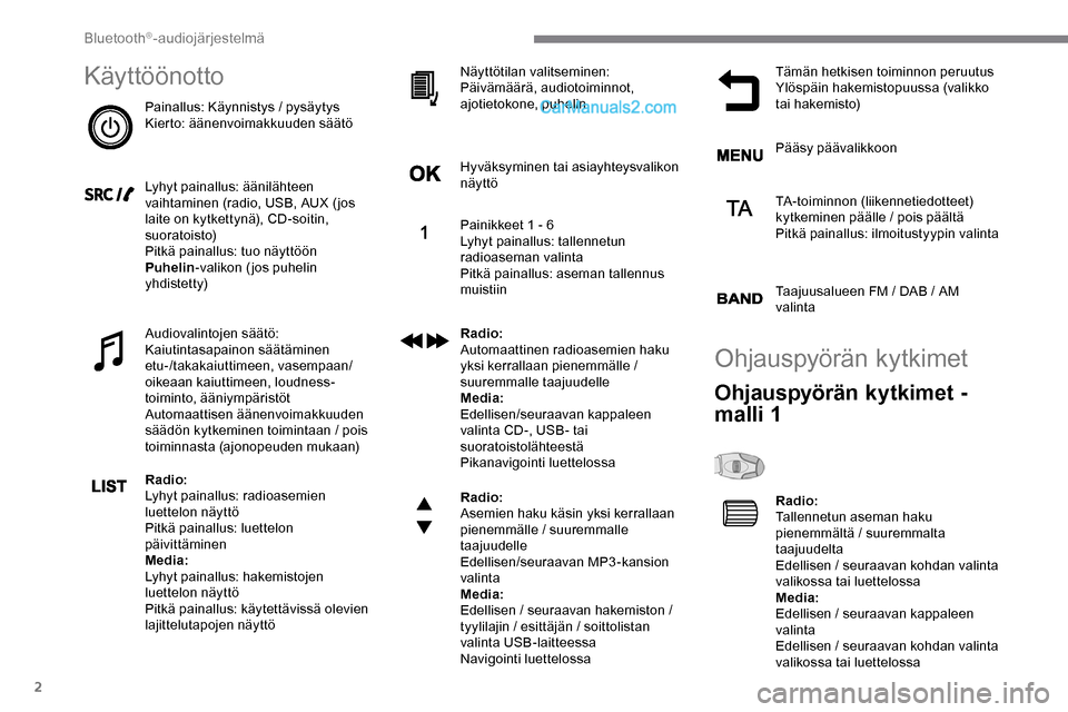 Peugeot Expert 2019  Omistajan käsikirja (in Finnish) 2
Käyttöönotto
Painallus: Käynnistys / pysäytys
Kierto: äänenvoimakkuuden säätö
Lyhyt painallus: äänilähteen 
vaihtaminen (radio, USB, AUX ( jos 
laite on kytkettynä), CD-soitin, 
suorat