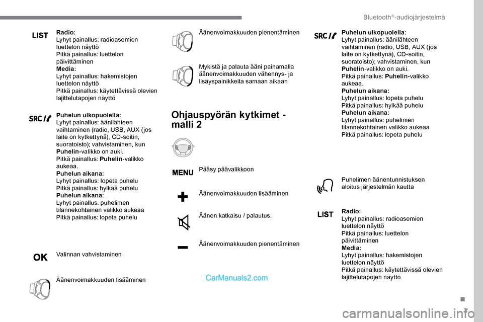 Peugeot Expert 2019  Omistajan käsikirja (in Finnish) 3
Radio:
Lyhyt painallus: radioasemien 
luettelon näyttö
Pitkä painallus: luettelon 
päivittäminen
Media:
Lyhyt painallus: hakemistojen 
luettelon näyttö
Pitkä painallus: käytettävissä olev