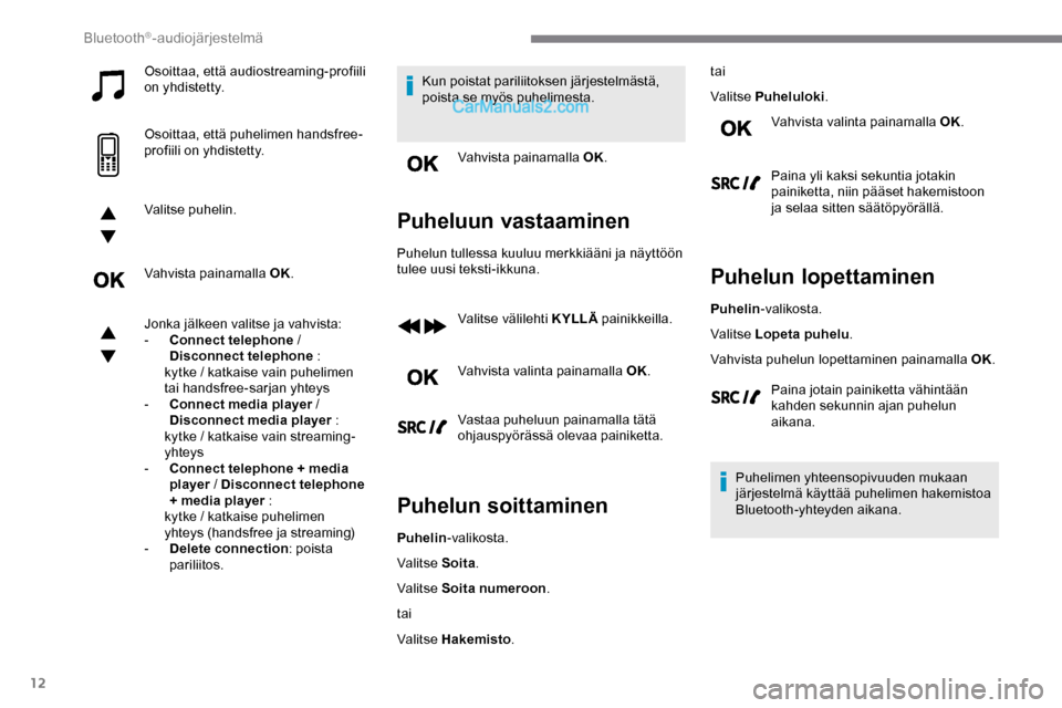 Peugeot Expert 2019  Omistajan käsikirja (in Finnish) 12
Osoittaa, että audiostreaming-profiili 
on yhdistetty.
Osoittaa, että puhelimen handsfree-
profiili on yhdistetty.
Valitse puhelin.
Vahvista painamalla OK.
Jonka jälkeen valitse ja vahvista:
- 
