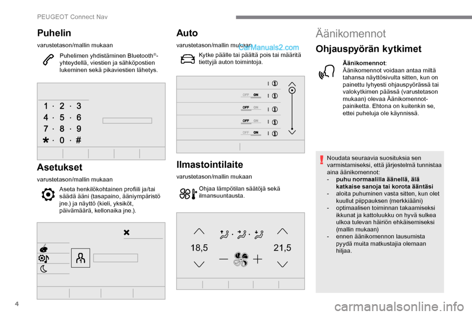 Peugeot Expert 2019  Omistajan käsikirja (in Finnish) 4
21,518,5
Puhelin
varustetason/mallin mukaanPuhelimen yhdistäminen Bluetooth
®-
yhteydellä, viestien ja sähköpostien 
lukeminen sekä pikaviestien lähetys.
Asetukset
varustetason/mallin mukaan

