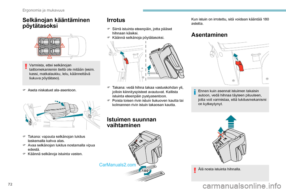 Peugeot Expert 2019 Omistajan käsikirja (in Finnish) 72
Selkänojan kääntäminen
pöytätasoksi
Varmista, ettei selkänojan
taittomekanismin tiellä ole mitään (esim.
kassi, matkalaukku, lelu, käännettävä
liukuva pöytätaso).
F
A
seta ni Peugeot Expert 2019 Omistajan käsikirja (in Finnish) 72
Selkänojan kääntäminen
pöytätasoksi
Varmista, ettei selkänojan
taittomekanismin tiellä ole mitään (esim.
kassi, matkalaukku, lelu, käännettävä
liukuva pöytätaso).
F
A
seta ni