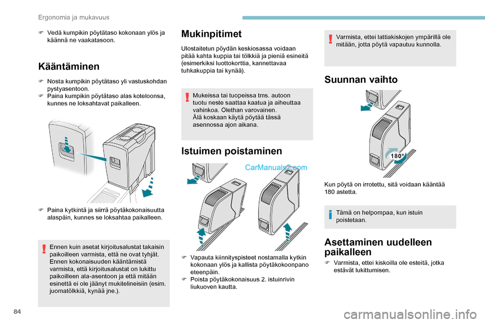 Peugeot Expert 2019  Omistajan käsikirja (in Finnish) 84
F Vedä kumpikin pöytätaso kokonaan ylös ja käännä ne vaakatasoon.
Kääntäminen
F Nosta kumpikin pöytätaso yli vastuskohdan pystyasentoon.
F
 
P
 aina kumpikin pöytätaso alas koteloonsa