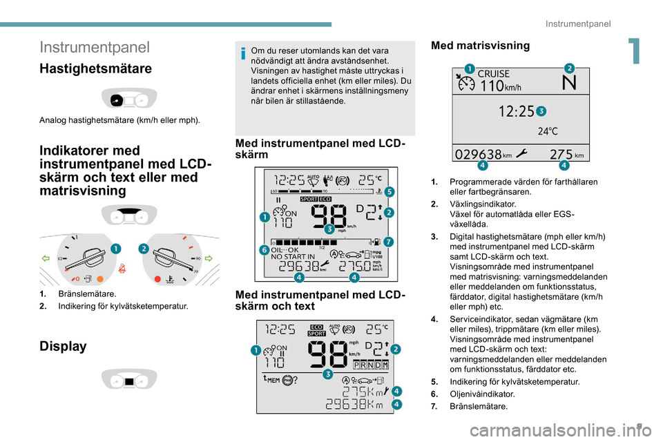 Peugeot Expert 2019 Ägarmanual (in Swedish) 9
Instrumentpanel
Hastighetsmätare
Analog hastighetsmätare (km/h eller mph).
Indikatorer med
instrumentpanel med LCD-
skärm och text eller med
matrisvisning
1.Bränslemätare.
2. Indikering för Peugeot Expert 2019 Ägarmanual (in Swedish) 9
Instrumentpanel
Hastighetsmätare
Analog hastighetsmätare (km/h eller mph).
Indikatorer med
instrumentpanel med LCD-
skärm och text eller med
matrisvisning
1.Bränslemätare.
2. Indikering för