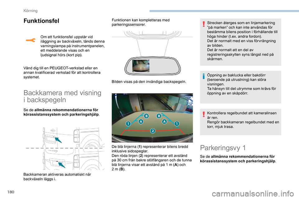 Peugeot Expert 2019 Ägarmanual (in Swedish) 180
Funktionsfel
Backkamera med visning
i backspegeln
Se de allmänna rekommendationerna för
körassistanssystem och parkeringshjälp.
Backkameran aktiveras automatiskt när
backväxeln läggs i. Peugeot Expert 2019 Ägarmanual (in Swedish) 180
Funktionsfel
Backkamera med visning
i backspegeln
Se de allmänna rekommendationerna för
körassistanssystem och parkeringshjälp.
Backkameran aktiveras automatiskt när
backväxeln läggs i.