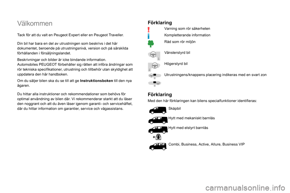 Peugeot Expert 2019 Ägarmanual (in Swedish) Välkommen
Tack för att du valt en Peugeot Expert eller en Peugeot Traveller.
Din bil har bara en del av utrustningen som beskrivs i det här
dokumentet, beroende på utrustningsnivå, version och p Peugeot Expert 2019 Ägarmanual (in Swedish) Välkommen
Tack för att du valt en Peugeot Expert eller en Peugeot Traveller.
Din bil har bara en del av utrustningen som beskrivs i det här
dokumentet, beroende på utrustningsnivå, version och p