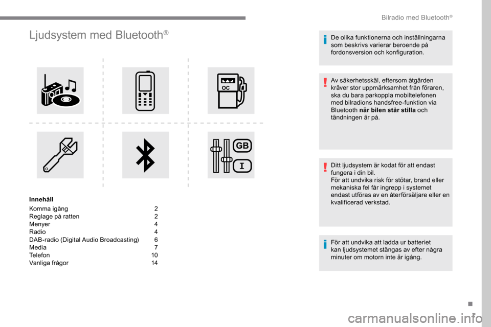 Peugeot Expert 2019  Ägarmanual (in Swedish) 1
Ljudsystem med Bluetooth®
Innehåll
Komma igång  
2
R

eglage på ratten   
2
M

enyer   
4
R

adio   
4
D

AB-radio (Digital Audio Broadcasting)   
6
M

edia   
7
T

elefon   
1
 0
Vanliga frågo