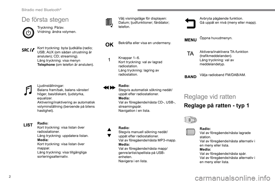 Peugeot Expert 2019  Ägarmanual (in Swedish) 2
De första stegen
Tryckning: På/av.
Vridning: ändra volymen.
Kort tryckning: byta ljudkälla (radio; 
USB; AUX (om sådan utrustning är 
ansluten); CD; streaming).
Lång tryckning: visa menyn 
Te