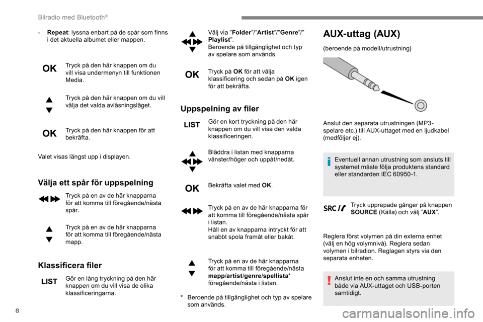Peugeot Expert 2019 Ägarmanual (in Swedish) 8
- Repeat: lyssna enbart på de spår som finns
i det aktuella albumet eller mappen.
Tryck på den här knappen om du
vill visa undermenyn till funktionen
Media.
Tryck på den här knappen om du v Peugeot Expert 2019 Ägarmanual (in Swedish) 8
- Repeat: lyssna enbart på de spår som finns
i det aktuella albumet eller mappen.
Tryck på den här knappen om du
vill visa undermenyn till funktionen
Media.
Tryck på den här knappen om du v