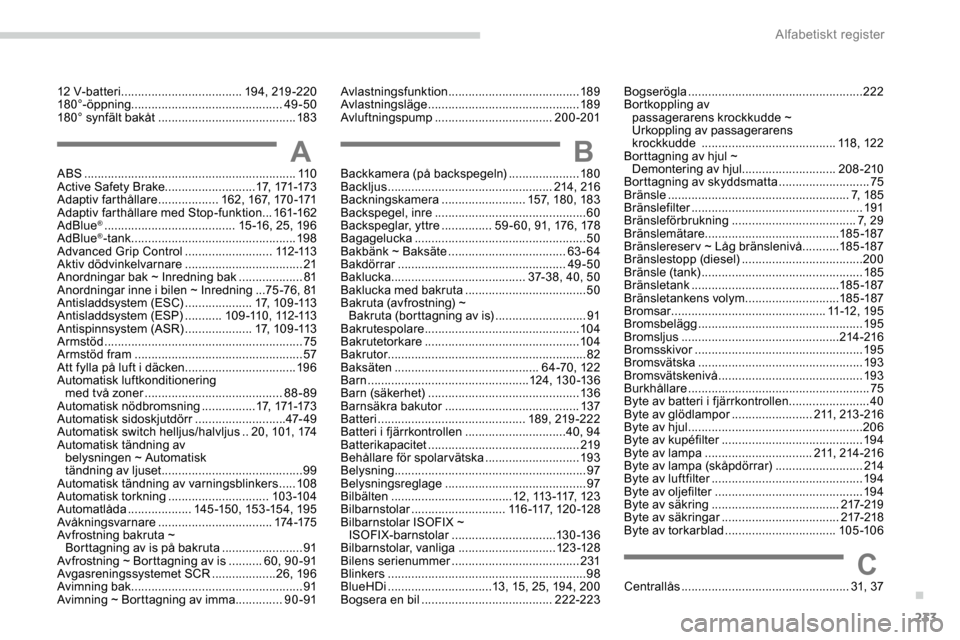 Peugeot Expert 2019  Ägarmanual (in Swedish) 233
12 V-batteri .................................... 19 4, 219 -220
180°-öppning  ............................................. 49-50
180° synfält bakåt
 ........................................