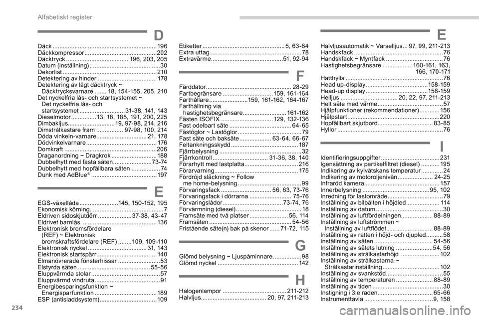 Peugeot Expert 2019 Ägarmanual (in Swedish) 234
Halvljusautomatik ~ Varselljus ...97, 99, 211-213
Handskfack ..................................................... 76
Handskfack ~ Myntfack
..................................76
Hastighetsbegr Peugeot Expert 2019 Ägarmanual (in Swedish) 234
Halvljusautomatik ~ Varselljus ...97, 99, 211-213
Handskfack ..................................................... 76
Handskfack ~ Myntfack
..................................76
Hastighetsbegr