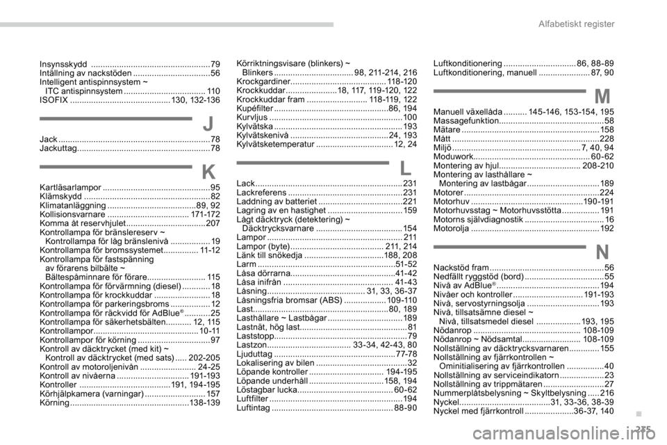 Peugeot Expert 2019  Ägarmanual (in Swedish) 235
Körriktningsvisare (blinkers) ~ Blinkers  .................................. 98, 211-214, 216
Krockgardiner ......................................... 11 8 -12 0
Krockkuddar
 .....................