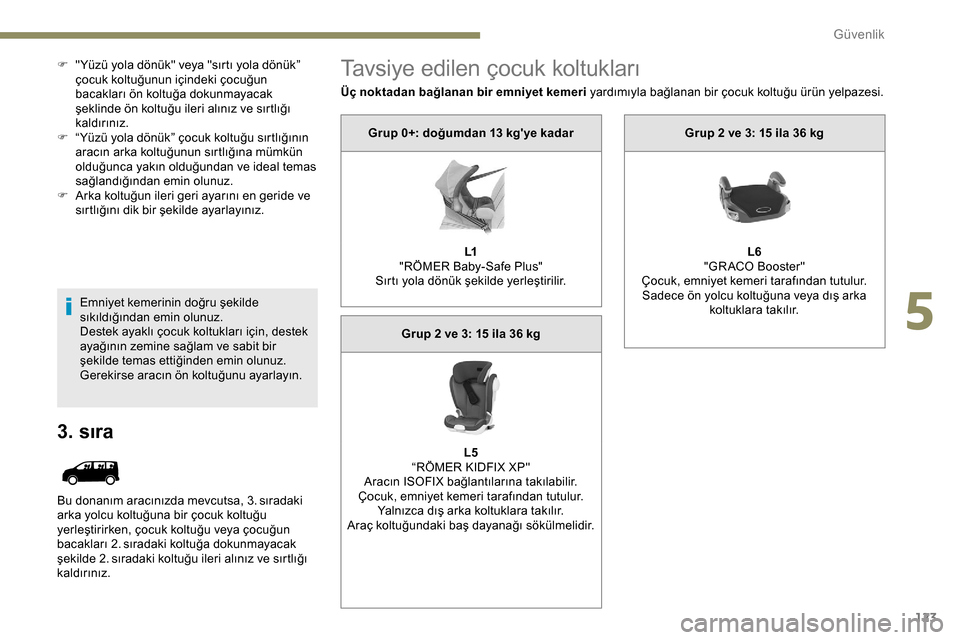 Peugeot Expert 2019  Kullanım Kılavuzu (in Turkish) 123
F "Yüzü yola dönük" veya "sırtı yola dönük” çocuk koltuğunun içindeki çocuğun 
bacakları ön koltuğa dokunmayacak 
şeklinde ön koltuğu ileri alınız ve sırtlığı 
kaldırı