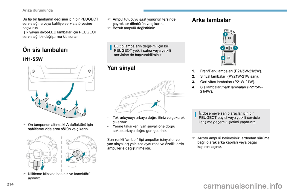Peugeot Expert 2019  Kullanım Kılavuzu (in Turkish) 214
Bu tip bir lambanın değişimi için bir PEUGEOT 
ser vis ağına veya kalifiye ser vis atölyesine 
başvurun.
Işık yayan diyot-LED lambalar için PEUGEOT 
ser vis ağı bir değiştirme kiti 