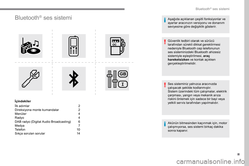 Peugeot Expert 2019  Kullanım Kılavuzu (in Turkish) 1
Bluetooth® ses sistemi
İçindekiler
İlk adımlar  
2
D

ireksiyona monte kumandalar   
2
M

enüler   
4
R

adyo   
4
D

AB radyo (Digital Audio Broadcasting)   
6
M

edya   
7
T

elefon   
1
 0
