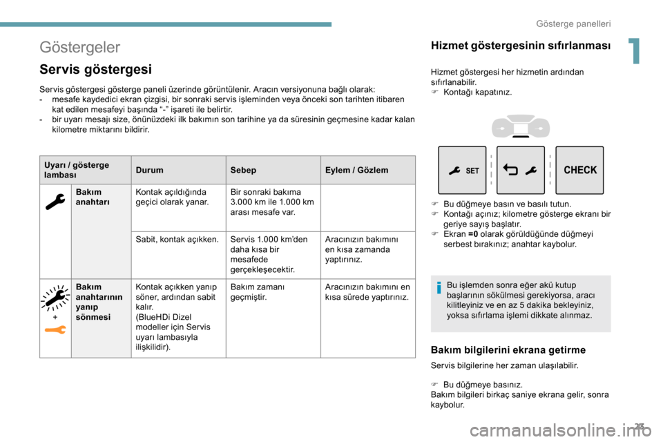 Peugeot Expert 2019  Kullanım Kılavuzu (in Turkish) 23
Göstergeler
Servis göstergesi
Ser vis göstergesi gösterge paneli üzerinde görüntülenir. Aracın versiyonuna bağlı olarak:
- m esafe kaydedici ekran çizgisi, bir sonraki ser vis işlemind