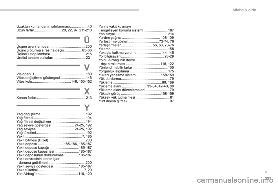 Peugeot Expert 2019 Kullanım Kılavuzu (in Turkish) 237
Uzaktan kumandanın sıfırlanması ..................40
U zun farlar ............................ 2 0, 22, 97, 211-213
ÜÜçgen uyarı lambası .....................................20 0
Üçünc Peugeot Expert 2019 Kullanım Kılavuzu (in Turkish) 237
Uzaktan kumandanın sıfırlanması ..................40
U zun farlar ............................ 2 0, 22, 97, 211-213
ÜÜçgen uyarı lambası .....................................20 0
Üçünc