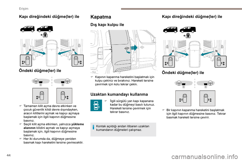 Peugeot Expert 2019 Kullanım Kılavuzu (in Turkish) 44
Kapı direğindeki düğme(ler) ile
Öndeki düğme(ler) ile
F Tamamen kilit açma devre etkinken ve çocuk güvenlik kilidi devre dışındayken,
aracın kilitlerini açmak ve kapıyı açmaya
Peugeot Expert 2019 Kullanım Kılavuzu (in Turkish) 44
Kapı direğindeki düğme(ler) ile
Öndeki düğme(ler) ile
F Tamamen kilit açma devre etkinken ve çocuk güvenlik kilidi devre dışındayken,
aracın kilitlerini açmak ve kapıyı açmaya