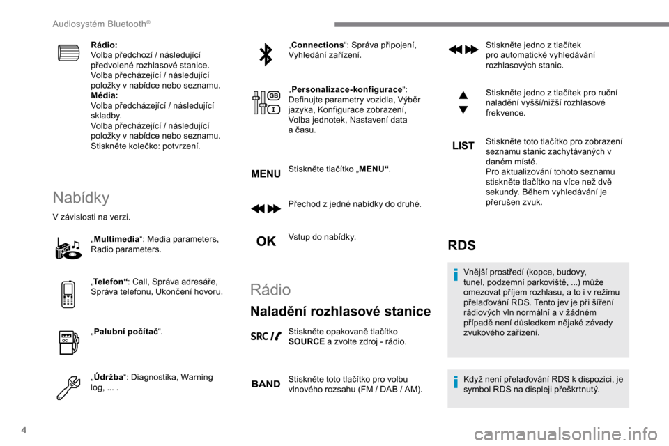 Peugeot Expert 2019  Návod k obsluze (in Czech) 4
Rádio:
Volba předchozí / následující 
předvolené rozhlasové stanice.
Volba přecházející / následující 
položky v nabídce nebo seznamu.
Média:
Volba předcházející / následují