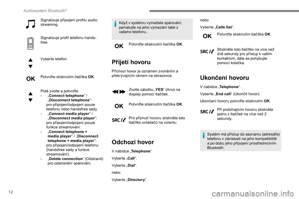 Peugeot Expert 2019 Návod k obsluze (in Czech) 12
Signalizuje připojení profilu audio
streaming.
Signalizuje profil telefonu hands-
free.
Vyberte telefon.
Potvrďte stisknutím tlačítka OK.
Poté zvolte a potvrďte:
-
„
Connect telephone Peugeot Expert 2019 Návod k obsluze (in Czech) 12
Signalizuje připojení profilu audio
streaming.
Signalizuje profil telefonu hands-
free.
Vyberte telefon.
Potvrďte stisknutím tlačítka OK.
Poté zvolte a potvrďte:
-
„
Connect telephone