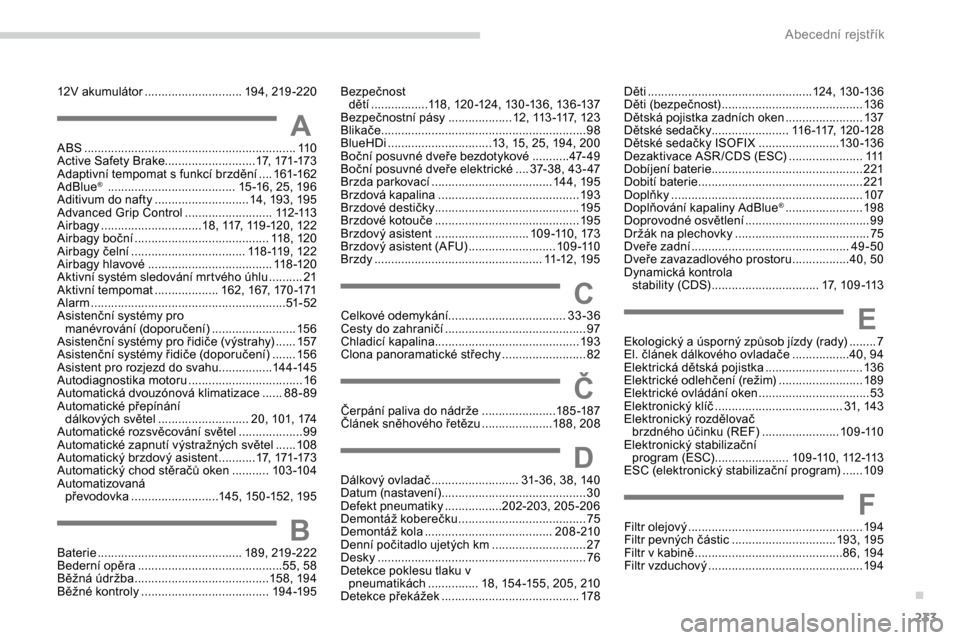 Peugeot Expert 2019 Návod k obsluze (in Czech) 233
12V akumulátor .............................19 4, 219 -220
AABS ............................................................... 11 0
Active Safety Brake........................... 17, 171-173
Ada Peugeot Expert 2019 Návod k obsluze (in Czech) 233
12V akumulátor .............................19 4, 219 -220
AABS ............................................................... 11 0
Active Safety Brake........................... 17, 171-173
Ada