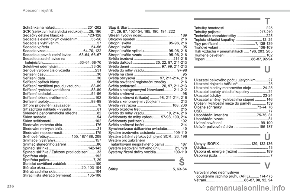 Peugeot Expert 2019 Návod k obsluze (in Czech) 236
Schránka na nářadí...............................201-202
SCR (selektivní katalytická redukce) ......2 6, 196
Sedačky dětské klasické
.......................12
3 -128
Sedadla s elektr Peugeot Expert 2019 Návod k obsluze (in Czech) 236
Schránka na nářadí...............................201-202
SCR (selektivní katalytická redukce) ......2 6, 196
Sedačky dětské klasické
.......................12
3 -128
Sedadla s elektr