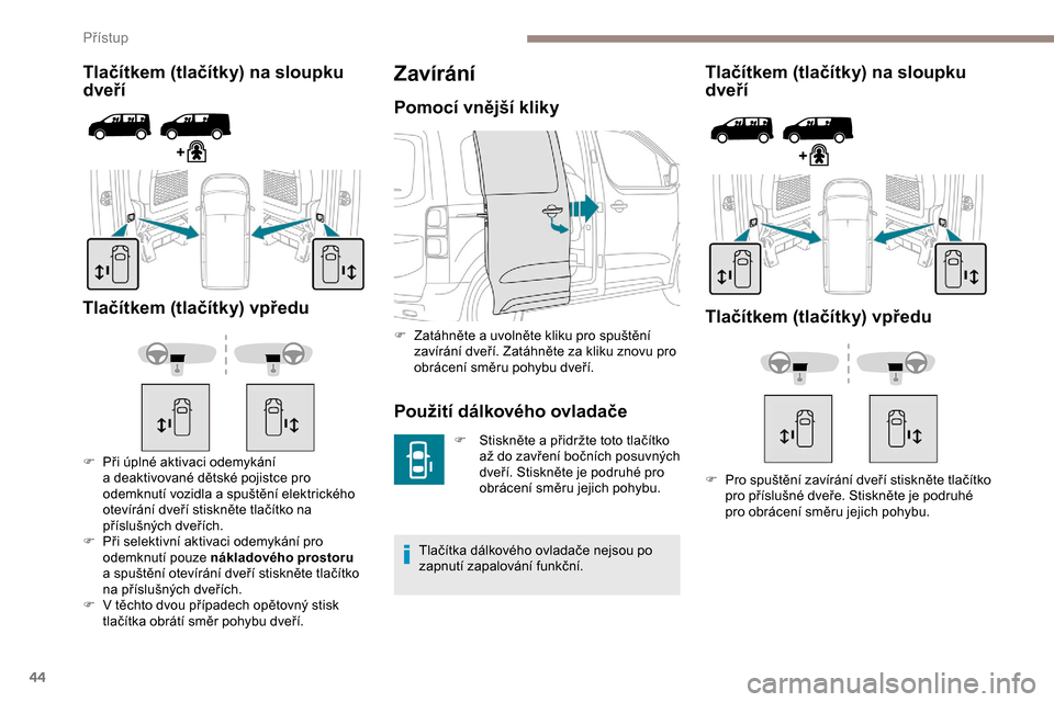 Peugeot Expert 2019  Návod k obsluze (in Czech) 44
Tlačítkem (tlačítky) na sloupku 
dveří
Tlačítkem (tlačítky) vpředu
F Při úplné aktivaci odemykání  a   deaktivované dětské pojistce pro 
odemknutí vozidla a
  spuštění elektr