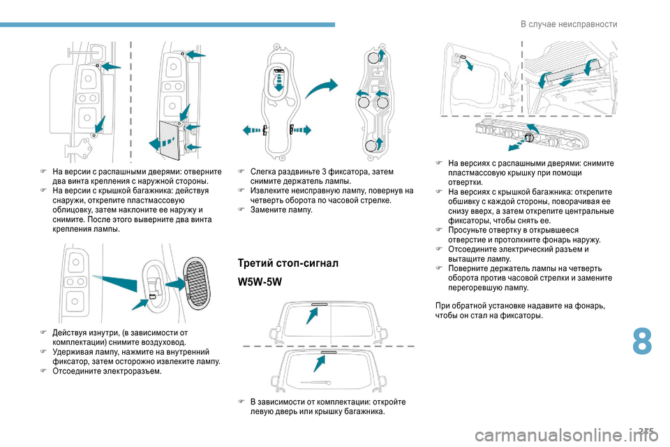 Peugeot Expert 2019  Инструкция по эксплуатации (in Russian) 215
F На версии с распашными дверями: отверните два винта крепления с нару жной стороны.
F
 
Н
 а версии с крышкой 