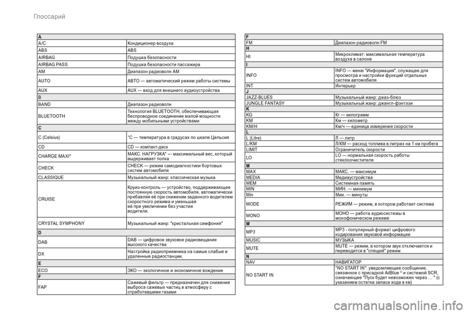 Peugeot Expert 2019  Инструкция по эксплуатации (in Russian) A
A /CКондиционер воздуха
ABS ABS
AIRBAG Подушка безопасности
AIRBAG PASS Подушка безопасности пасса жира
AM Диапазон ра ди