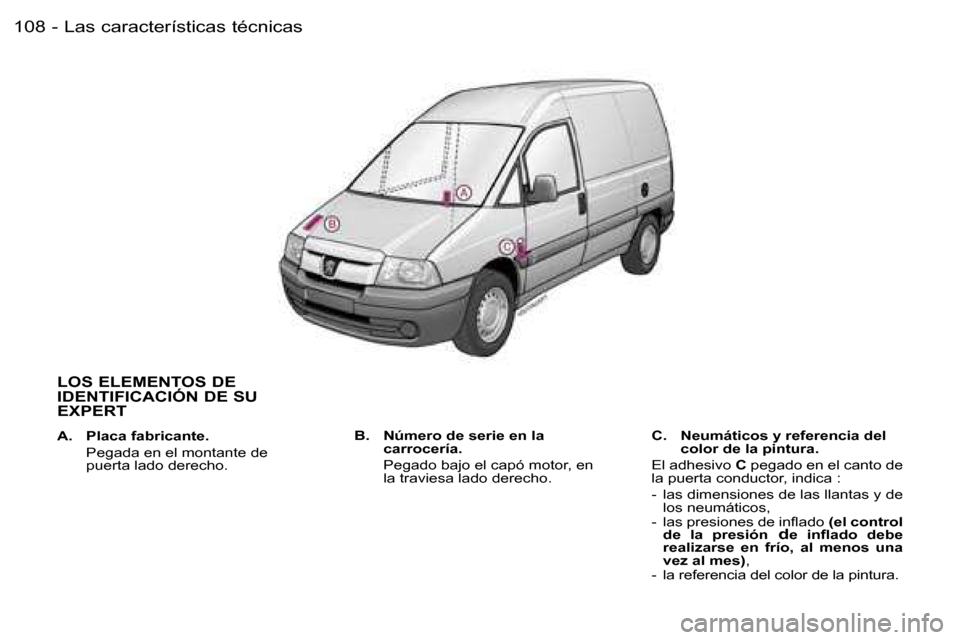 Peugeot Expert 2006  Manual del propietario (in Spanish) �L�a�s� �c�a�r�a�c�t�e�r�í�s�t�i�c�a�s� �t�é�c�n�i�c�a�s�1�0�8 �-
�L�O�S� �E�L�E�M�E�N�T�O�S� �D�E�  
�I�D�E�N�T�I�F�I�C�A�C�I�Ó�N� �D�E� �S�U� 
�E�X�P�E�R�T
�A�.�  �P�l�a�c�a� �f�a�b�r�i�c�a�n�t�e