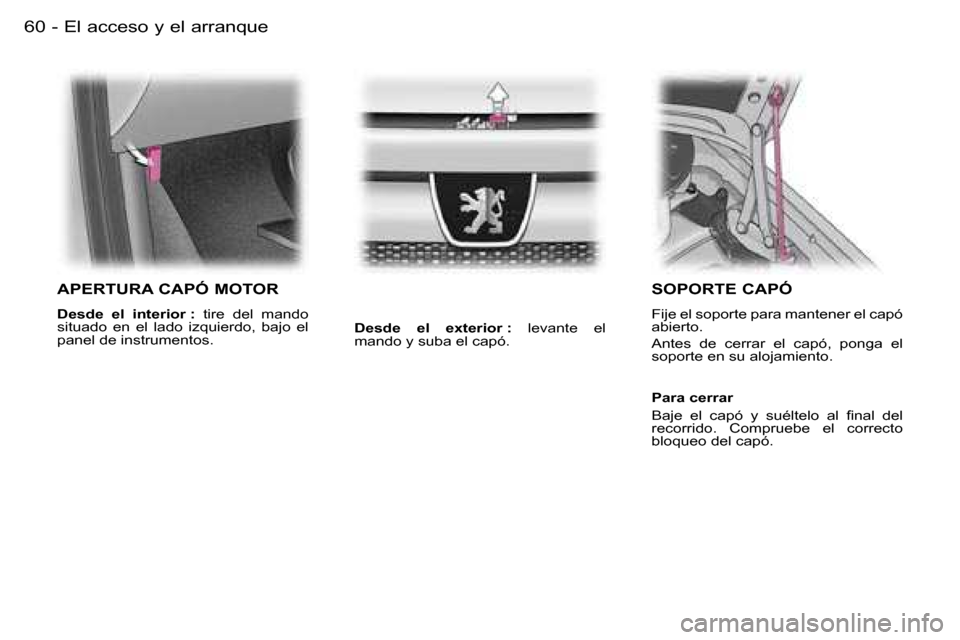 Peugeot Expert 2006  Manual del propietario (in Spanish) �E�l� �a�c�c�e�s�o� �y� �e�l� �a�r�r�a�n�q�u�e�6�0 �-
�A�P�E�R�T�U�R�A� �C�A�P�Ó� �M�O�T�O�R
�D�e�s�d�e�  �e�l�  �i�n�t�e�r�i�o�r� �: �  �t�i�r�e�  �d�e�l�  �m�a�n�d�o� 
�s�i�t�u�a�d�o�  �e�n�  �e�l�