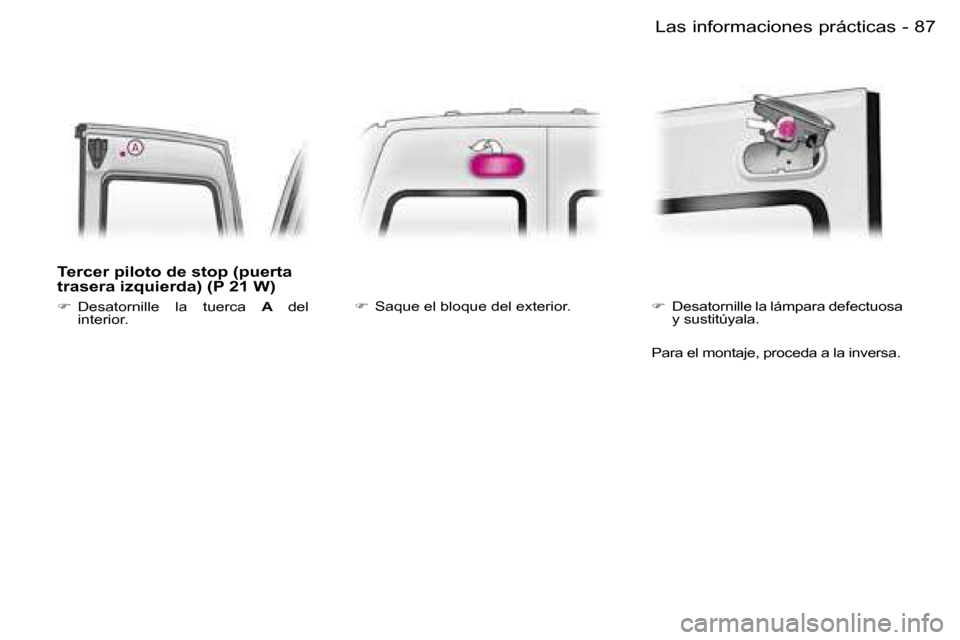 Peugeot Expert 2006  Manual del propietario (in Spanish) �8�7
�-
�T�e�r�c�e�r� �p�i�l�o�t�o� �d�e� �s�t�o�p� �(�p�u�e�r�t�a�  
�t�r�a�s�e�r�a� �i�z�q�u�i�e�r�d�a�)� �(�P� �2�1� �W�)
�
�  �D�e�s�a�t�o�r�n�i�l�l�e�  �l�a�  �t�u�e�r�c�a�  �A� �d�e�l� � 
�i�