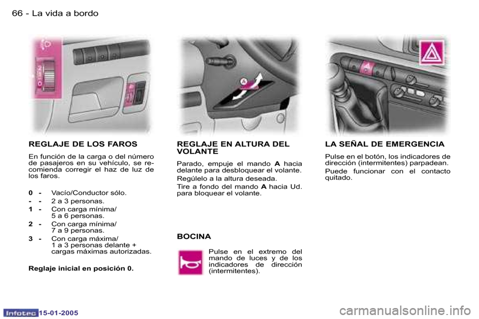 Peugeot Expert 2005  Manual del propietario (in Spanish) �6�6 �-
�1�5�-�0�1�-�2�0�0�5
�6�7
�-
�1�5�-�0�1�-�2�0�0�5
�R�E�G�L�A�J�E� �D�E� �L�O�S� �F�A�R�O�S
�E�n� �f�u�n�c�i�ó�n� �d�e� �l�a� �c�a�r�g�a� �o� �d�e�l� �n�ú�m�e�r�o�  
�d�e�  �p�a�s�a�j�e�r�o�s