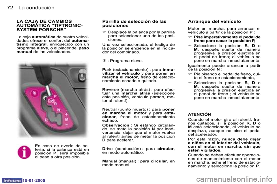 Peugeot Expert 2005  Manual del propietario (in Spanish) �7�2 �-
�1�5�-�0�1�-�2�0�0�5
�7�3
�-
�1�5�-�0�1�-�2�0�0�5
�E�n�  �c�a�s�o�  �d�e�  �a�v�e�r�í�a�  �d�e�  �b�a�- 
�t�e�r�í�a�,�  �s�i�  �l�a�  �p�a�l�a�n�c�a�  �e�s�t�á�  �e�n� 
�p�o�s�i�c�i�ó�n
� 