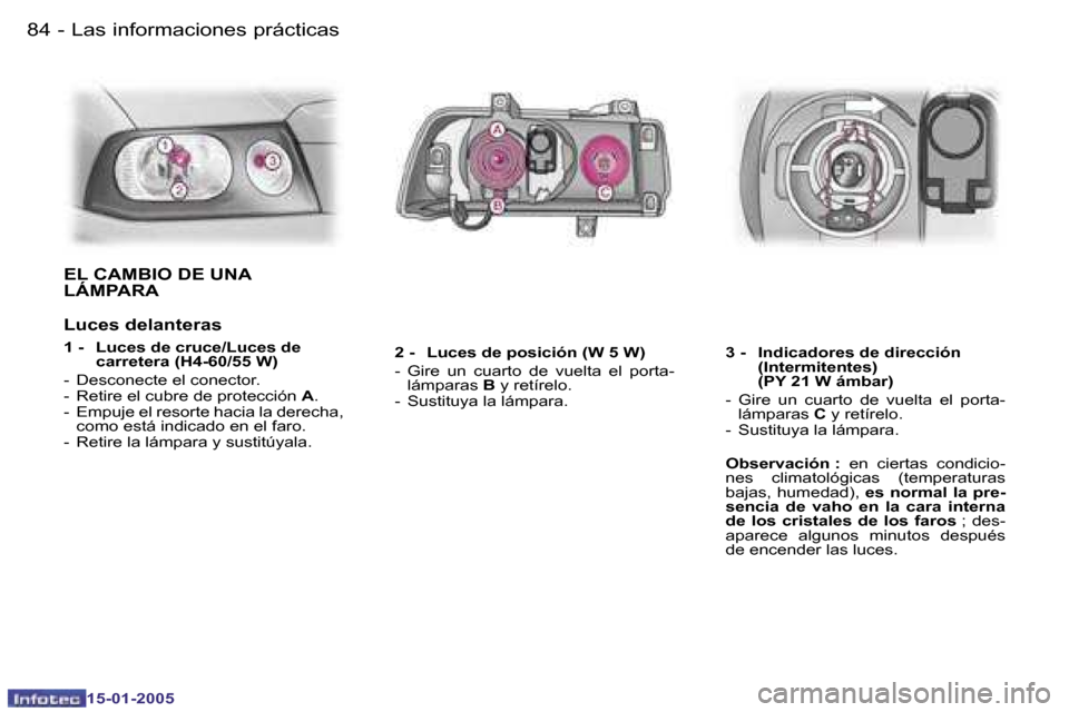 Peugeot Expert 2005  Manual del propietario (in Spanish) �8�4 �-
�1�5�-�0�1�-�2�0�0�5
�8�5
�-
�1�5�-�0�1�-�2�0�0�5
�E�L� �C�A�M�B�I�O� �D�E� �U�N�A�  
�L�Á�M�P�A�R�A 
�L�u�c�e�s� �d�e�l�a�n�t�e�r�a�s
�1� �-�  �L�u�c�e�s� �d�e� �c�r�u�c�e�/�L�u�c�e�s� �d�e�