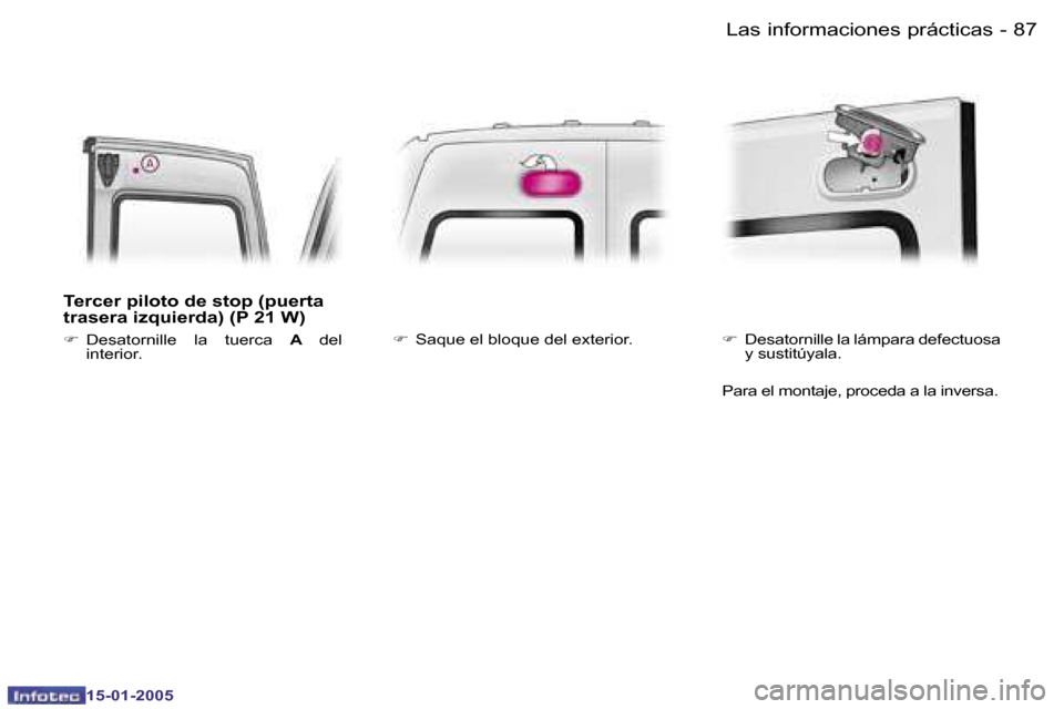 Peugeot Expert 2005  Manual del propietario (in Spanish) �8�6 �-
�1�5�-�0�1�-�2�0�0�5
�8�7
�-
�1�5�-�0�1�-�2�0�0�5
�T�e�r�c�e�r� �p�i�l�o�t�o� �d�e� �s�t�o�p� �(�p�u�e�r�t�a�  
�t�r�a�s�e�r�a� �i�z�q�u�i�e�r�d�a�)� �(�P� �2�1� �W�)
�F� 
�D�e�s�a�t�o�r�n�i�l