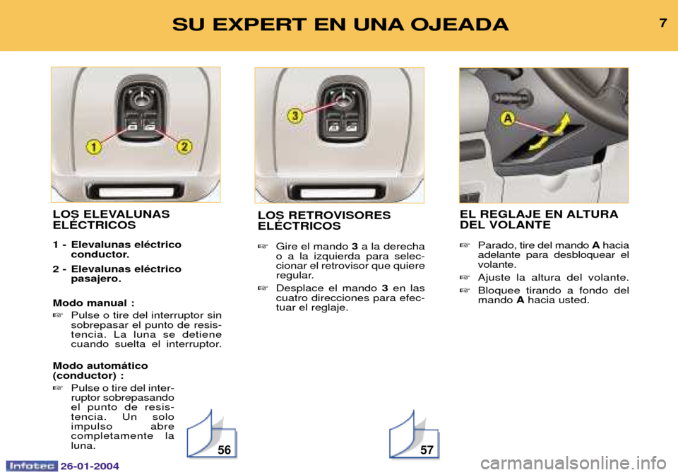 Peugeot Expert 2003.5  Manual del propietario (in Spanish) 7SU EXPERT EN UNA OJEADA
LOS ELEVALUNAS ELƒCTRICOS 
1 - Elevalunas elŽctricoconductor.
2 - Elevalunas elŽctrico  pasajero.
Modo manual :   Pulse o tire del interruptor sin
sobrepasar el punto de r