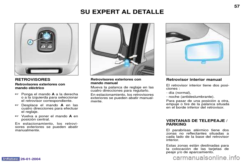 Peugeot Expert 2003.5  Manual del propietario (in Spanish) 26-01-2004
VENTANAS DE TELEPEAJE / 
PARKING El parabrisas atŽrmico tiene dos zonas no reflectantes situadas acada lado de la base del retrovisor
interior. Estas zonas est‡n destinadas para la coloc