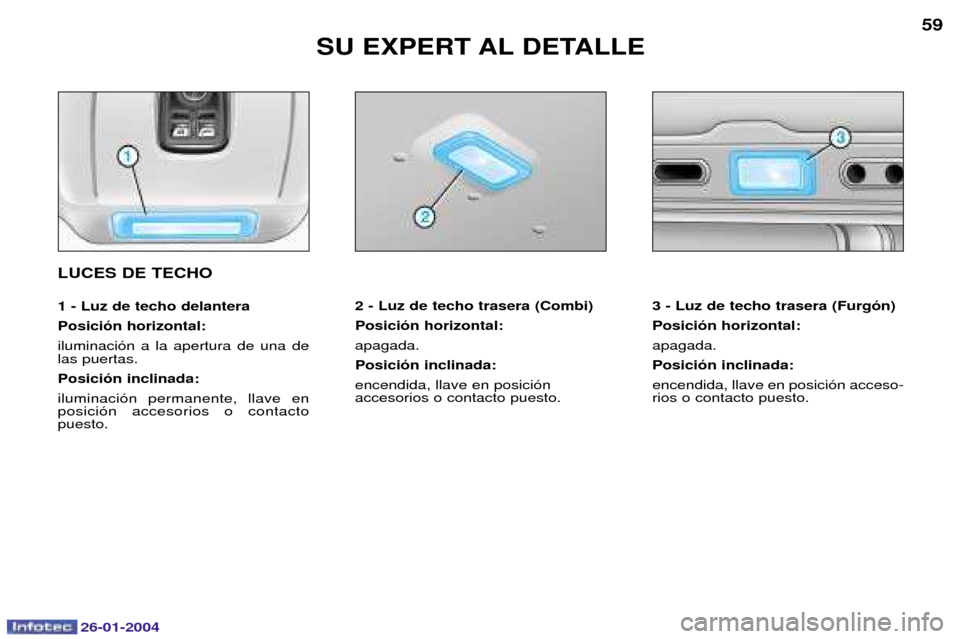 Peugeot Expert 2003.5  Manual del propietario (in Spanish) 26-01-2004
SU EXPERT AL DETALLE59
2 - Luz de techo trasera (Combi) Posici—n horizontal:apagada.Posici—n inclinada:encendida, llave en posici—n  accesorios o contacto puesto. 3 - Luz de techo tra