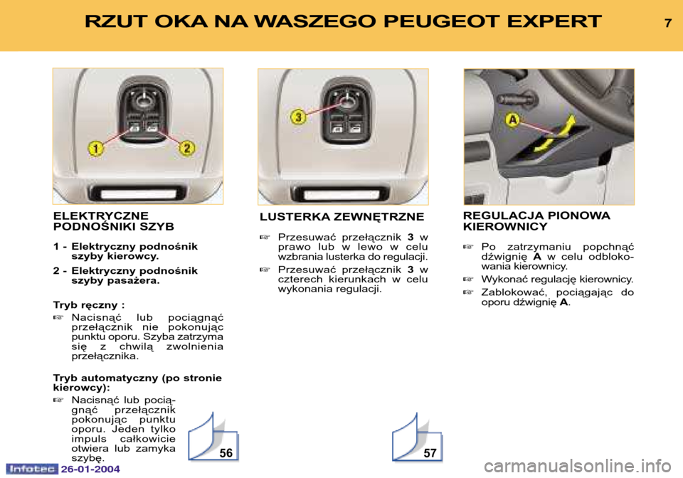 Peugeot Expert 2003.5  Instrukcja Obsługi (in Polish) 7RZUT OKA NA WASZEGO PEUGEOT EXPERT 
ELEKTRYCZNE PODNOŚNIKI SZYB 
1 - Elektryczny podnośnikszyby kierowcy.
2 - Elektryczny podnośnik szyby pasażera.
Tryb ręczny :   Nacisnąć lub pociągnąć
p